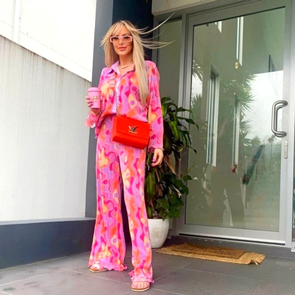 2 Piece Set - Floral Print Oversized Button-Down Shirt with High Waisted Pants
